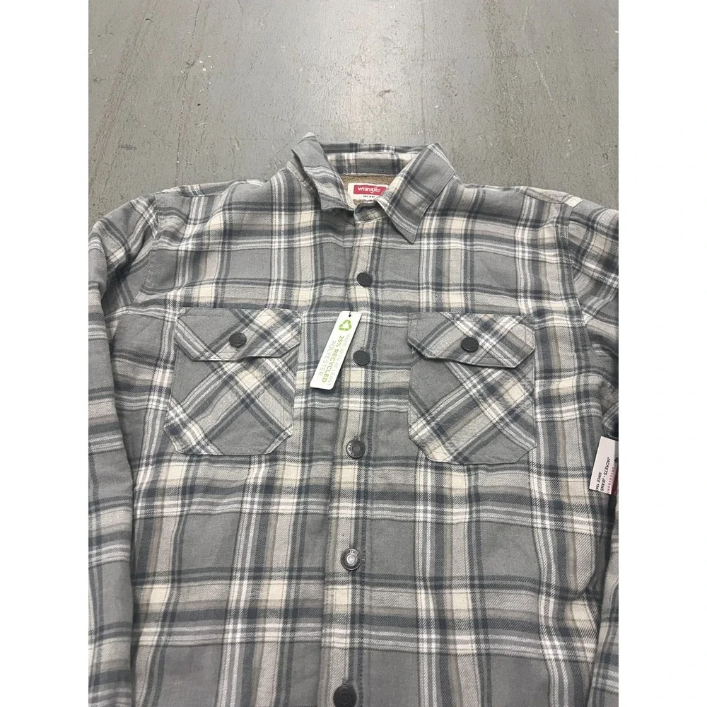 Wrangler Flannel Jacket Men Medium Gray Plaid Sherpa Lined Rugged Lumberjack NWT